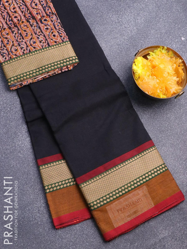 Chettinad cotton saree black and mustard yellow with plain body and thread woven simple border & kalamkari printed blouse - {{ collection.title }} by Prashanti Sarees