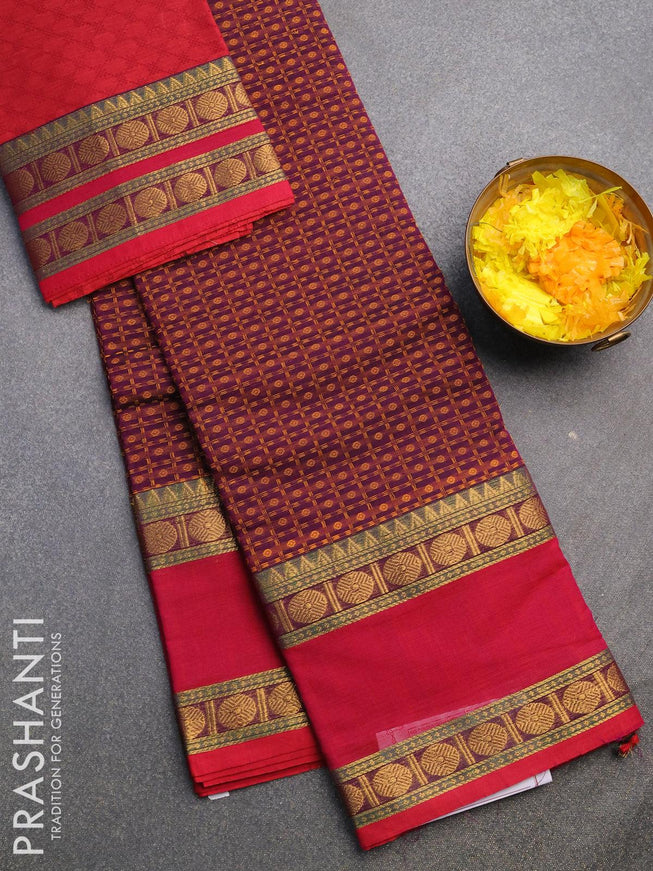 Chettinad cotton saree deep purple and reddish pink with allover thread weaves and rettapet zari woven border & woven blouse - {{ collection.title }} by Prashanti Sarees
