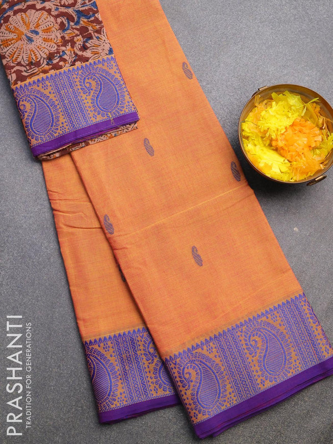 Chettinad cotton saree dual shade of yellowish pink and blue with paisley thread woven buttas and paisley thread woven border & kalamkari printed blouse - {{ collection.title }} by Prashanti Sarees