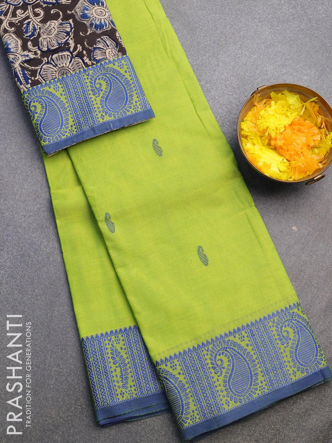 Chettinad cotton saree flourescent green and blue with paisley thread woven buttas and paisley thread woven border & kalamkari printed blouse - {{ collection.title }} by Prashanti Sarees