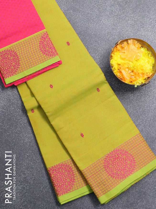 Chettinad cotton saree lime green and pink with thread woven buttas and thread woven border & woven blouse - {{ collection.title }} by Prashanti Sarees