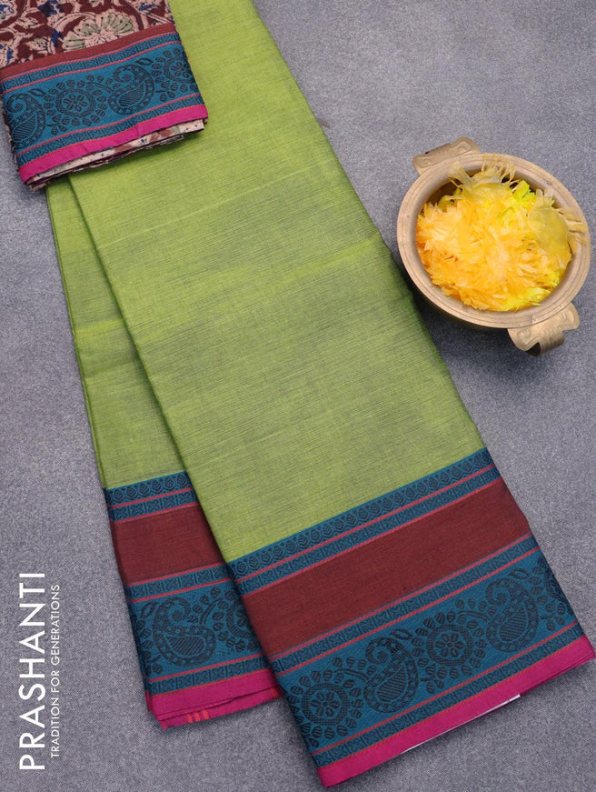 Chettinad cotton saree mehandi green and peacok green with plain body and long thread woven border - kalamkari printed blouse - {{ collection.title }} by Prashanti Sarees