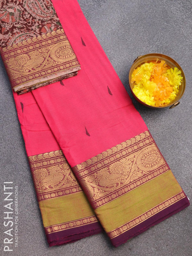 Chettinad cotton saree pink and dual shade of green with thread woven buttas and long zari woven border & kalamkari printed blouse - {{ collection.title }} by Prashanti Sarees