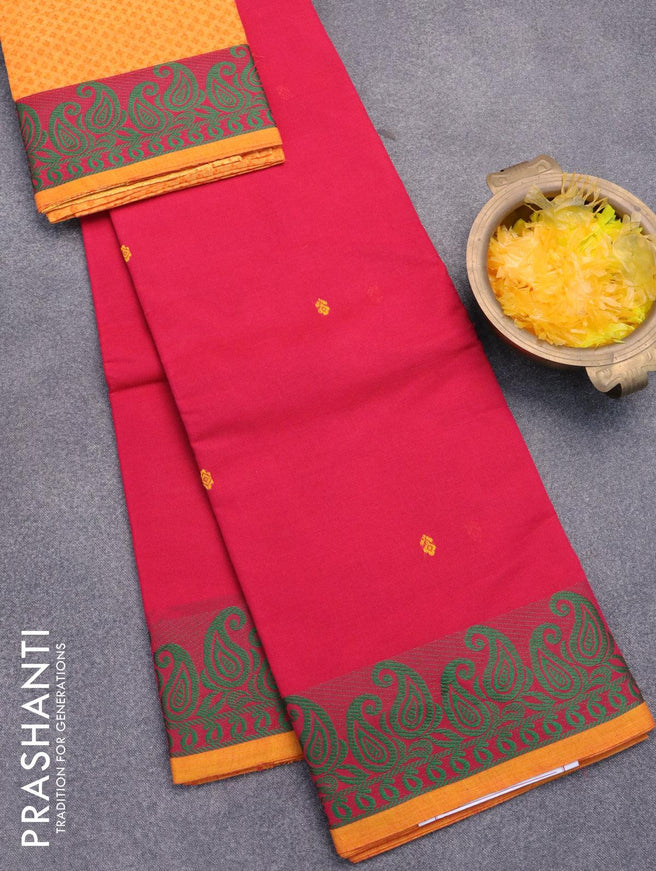 Chettinad cotton saree pink and yellow with thread woven buttas and paisley thraed woven border & woven blouse - {{ collection.title }} by Prashanti Sarees