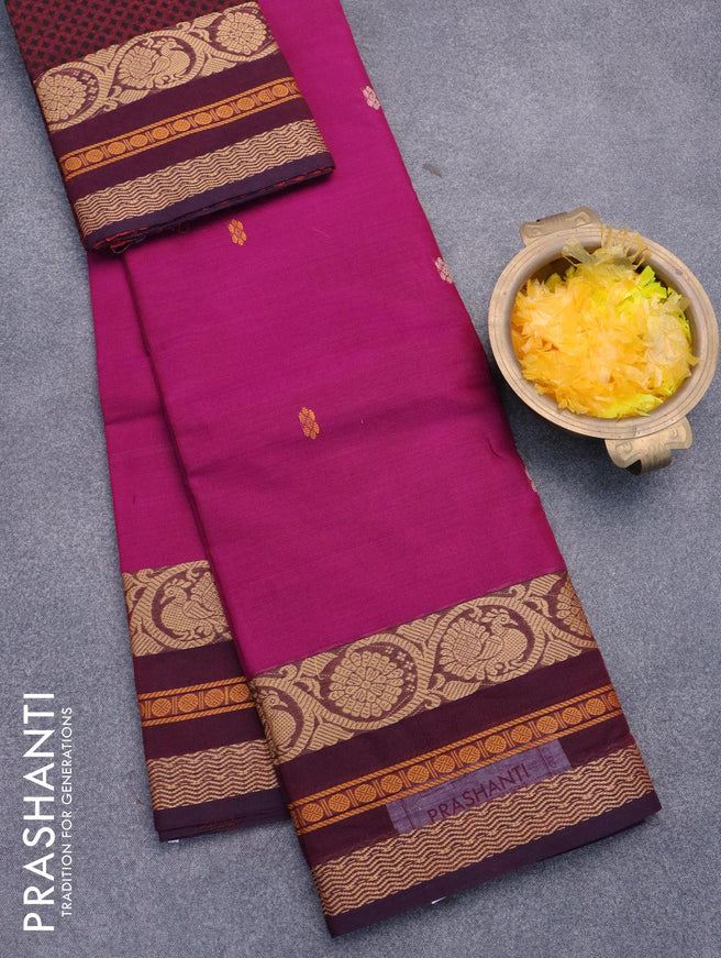 Chettinad cotton saree purple and maroon with thread woven buttas and thread woven border - woven blouse - {{ collection.title }} by Prashanti Sarees