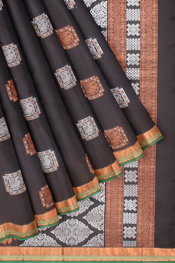 Coimbatore Cotton Black Color Saree with Copper and Silver Zari Woven Buttas - {{ collection.title }} by Prashanti Sarees