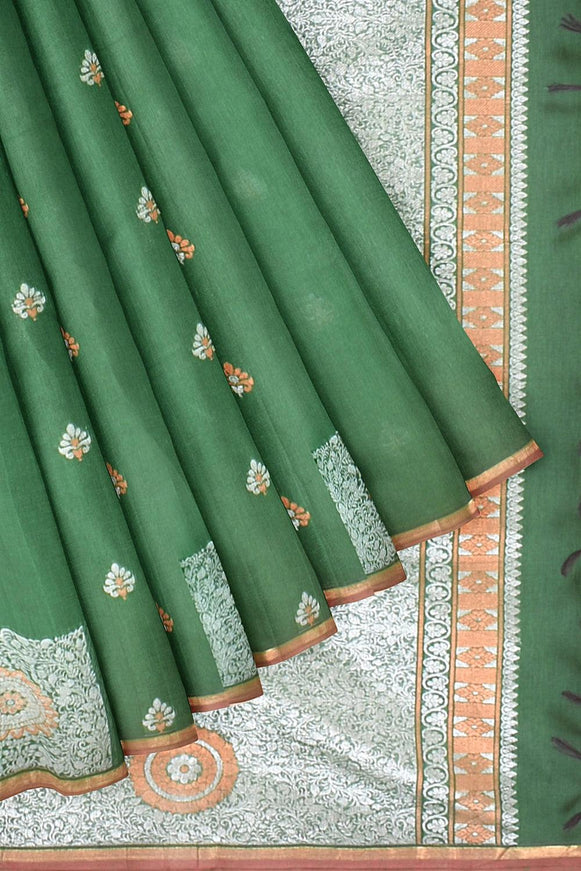 Coimbatore Cotton Dark Green Color Saree with Copper and Silver Zari Woven Buttas - {{ collection.title }} by Prashanti Sarees