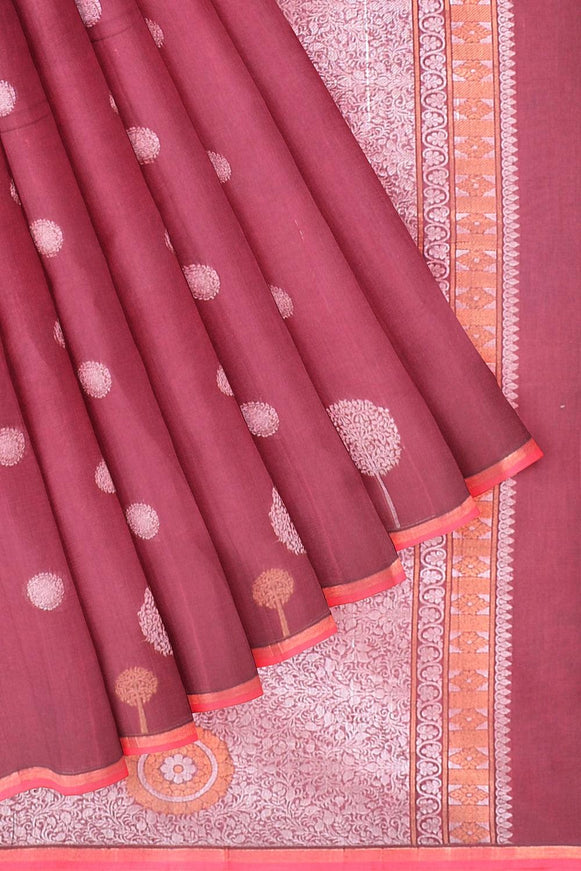 Coimbatore Cotton Maroon Color Saree with Copper and Silver Zari Woven Buttas - {{ collection.title }} by Prashanti Sarees