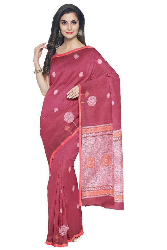 Coimbatore Cotton Maroon Color Saree with Copper and Silver Zari Woven Buttas - {{ collection.title }} by Prashanti Sarees