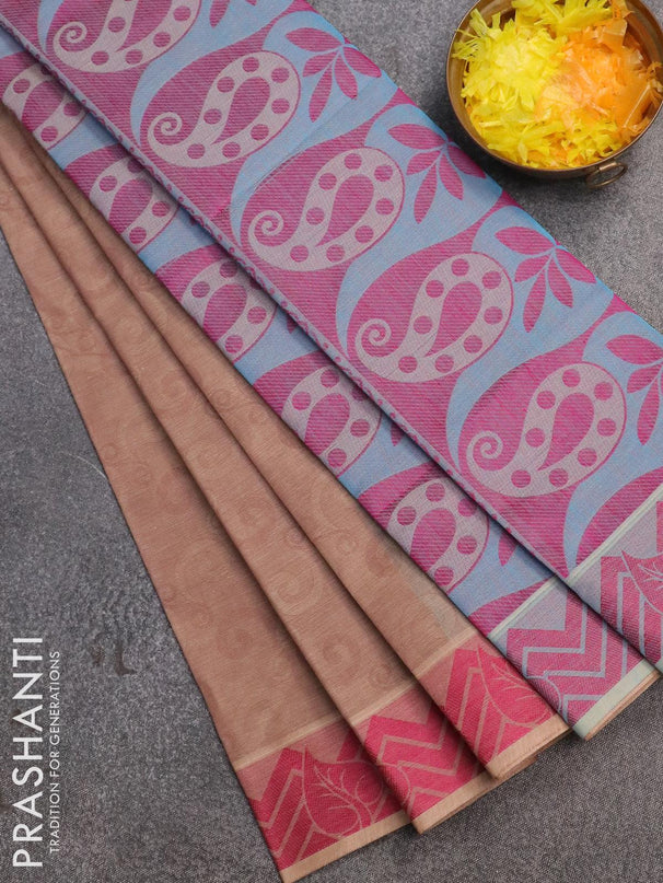 Coimbatore cotton saree dual shade of pastel brown and pink with allover self emboss and thread woven border - {{ collection.title }} by Prashanti Sarees