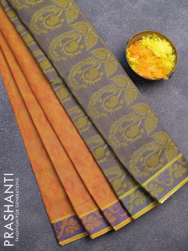 Coimbatore cotton saree dual shade of sunset yellow and blue with allover self emboss and thread woven border - {{ collection.title }} by Prashanti Sarees