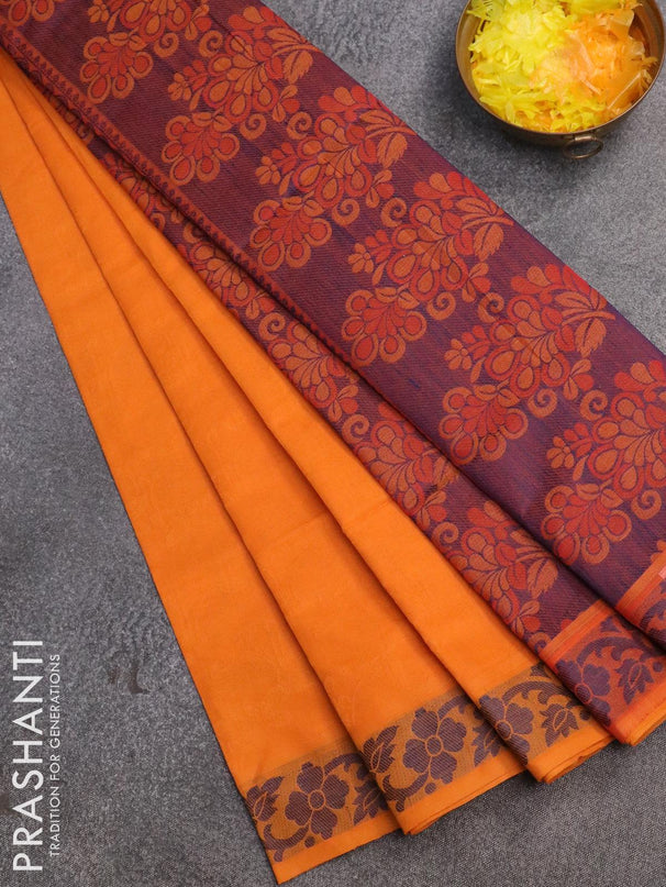 Coimbatore cotton saree pale orange and blue with allover self emboss and thread woven border - {{ collection.title }} by Prashanti Sarees