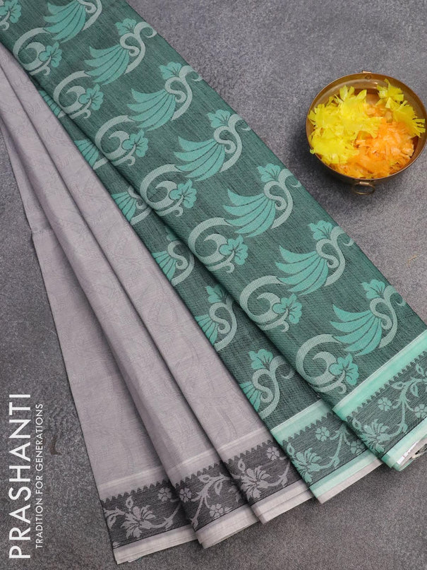 Coimbatore cotton saree pastel grey and teal green with allover self emboss and thread woven border - {{ collection.title }} by Prashanti Sarees