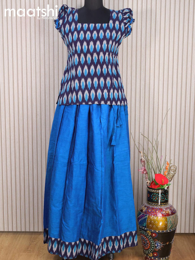 Cotton kids lehanga blue and cs blue with allover ikat weaves and back knot for 16 years - {{ collection.title }} by Prashanti Sarees