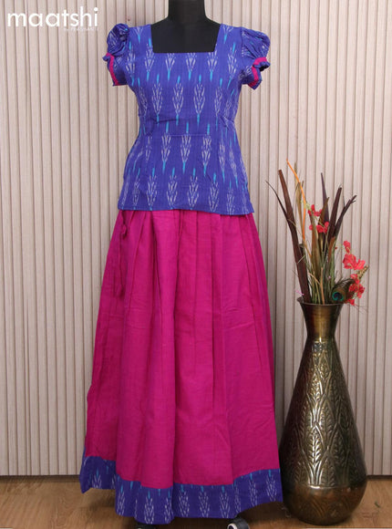 Cotton kids lehanga blue and magenta pink with allover ikat weaves and back knot for 15 years - {{ collection.title }} by Prashanti Sarees