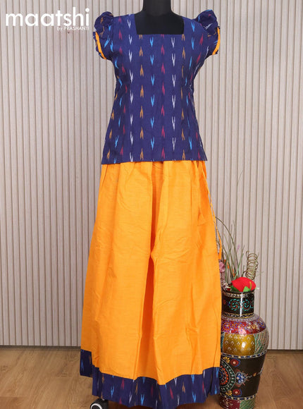 Cotton kids lehanga blue and mango yellow with allover ikat weaves and back knot for 16 years - {{ collection.title }} by Prashanti Sarees