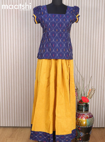 Cotton kids lehanga blue and yellow shade with allover ikat weaves and back knot for 15 years - {{ collection.title }} by Prashanti Sarees