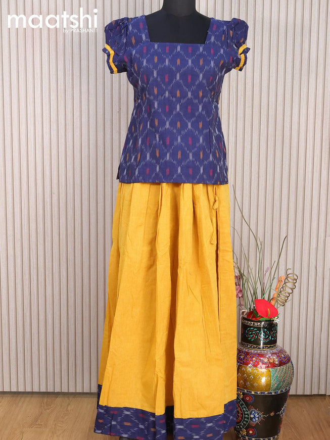 Cotton kids lehanga blue and yellow shade with allover ikat weaves and back knot for 15 years - {{ collection.title }} by Prashanti Sarees