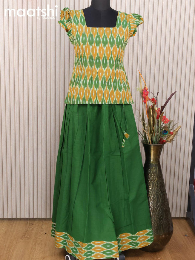 Cotton kids lehanga dark mustard and green with allover ikat weaves and back knot for 14 years - {{ collection.title }} by Prashanti Sarees