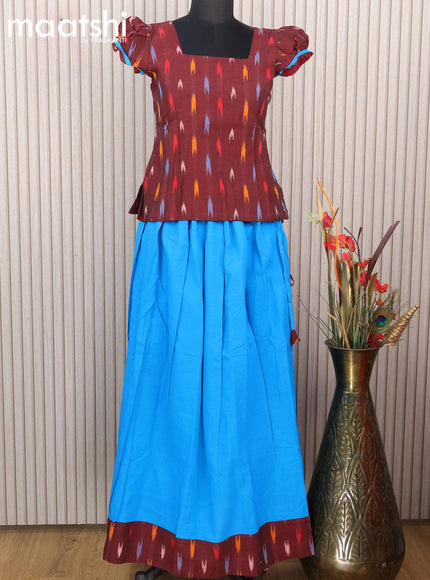 Cotton kids lehanga deep maroon and cs blue with allover ikat weaves and back knot for 13 years - {{ collection.title }} by Prashanti Sarees