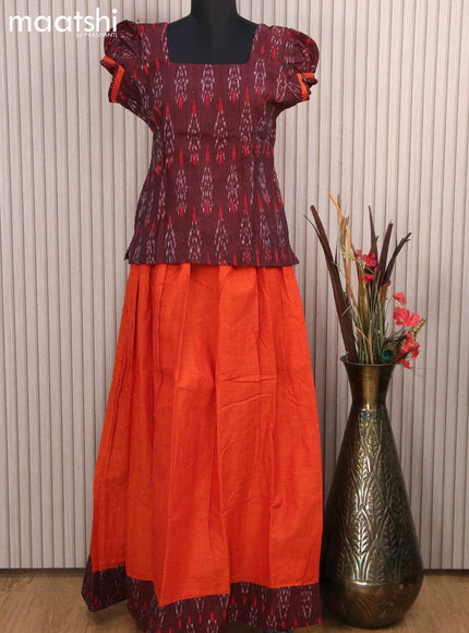 Cotton kids lehanga deep maroon and sunset orange with allover ikat weaves and back knot for 16 years - {{ collection.title }} by Prashanti Sarees