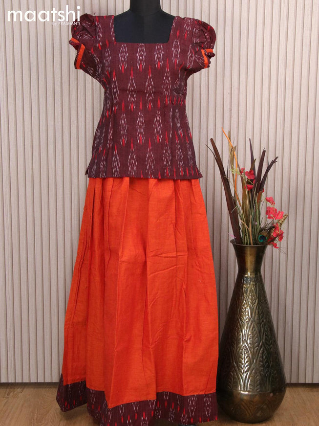 Cotton kids lehanga deep maroon and sunset orange with allover ikat weaves and back knot for 16 years - {{ collection.title }} by Prashanti Sarees