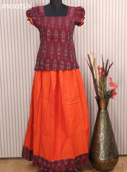 Cotton kids lehanga deep maroon shade and sunset orange with allover ikat weaves and back knot for 15 years - {{ collection.title }} by Prashanti Sarees