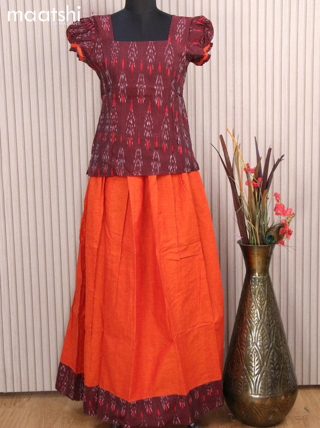 Cotton kids lehanga deep maroon shade and sunset orange with allover ikat weaves and back knot for 15 years - {{ collection.title }} by Prashanti Sarees