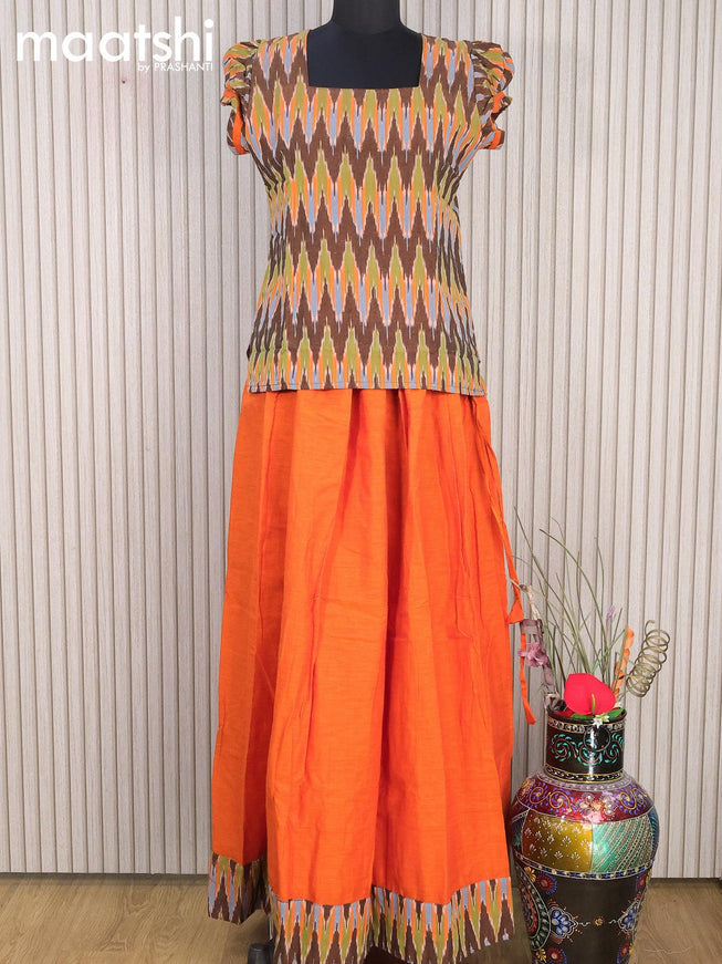 Cotton kids lehanga multi colour and sunset orange with allover ikat weaves and back knot for 16 years - {{ collection.title }} by Prashanti Sarees