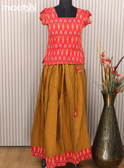 Cotton kids lehanga red and dark mustard with allover ikat weaves and back knot for 12 years - {{ collection.title }} by Prashanti Sarees