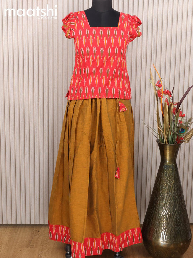 Cotton kids lehanga red and dark mustard with allover ikat weaves and back knot for 12 years - {{ collection.title }} by Prashanti Sarees