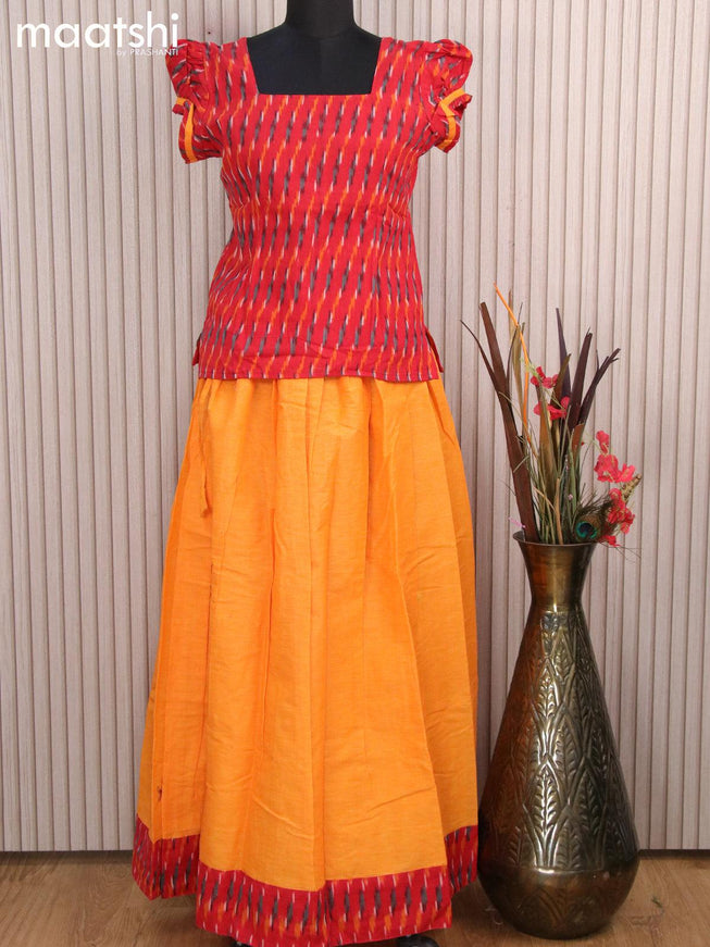 Cotton kids lehanga red and mango yellow with allover ikat weaves and back knot for 15 years - {{ collection.title }} by Prashanti Sarees