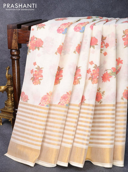 Cotton saree off white and with allover floral prints and long zari woven border - {{ collection.title }} by Prashanti Sarees