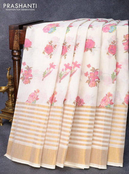 Cotton saree off white and with allover floral prints and long zari woven border - {{ collection.title }} by Prashanti Sarees