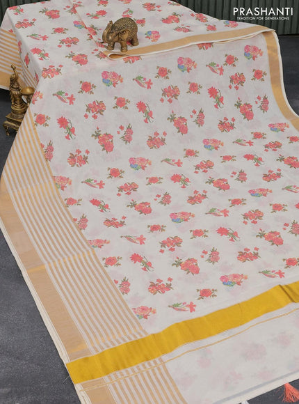 Cotton saree off white and with allover floral prints and long zari woven border - {{ collection.title }} by Prashanti Sarees