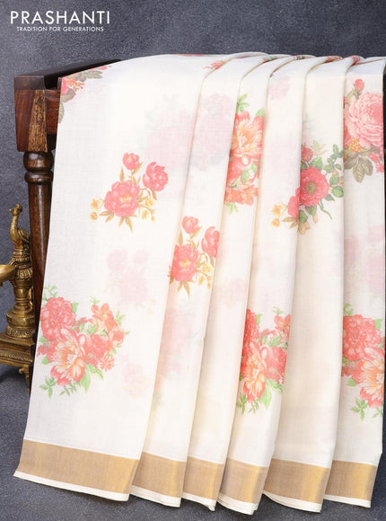 Cotton saree off white and with allover floral prints and zari woven border - {{ collection.title }} by Prashanti Sarees