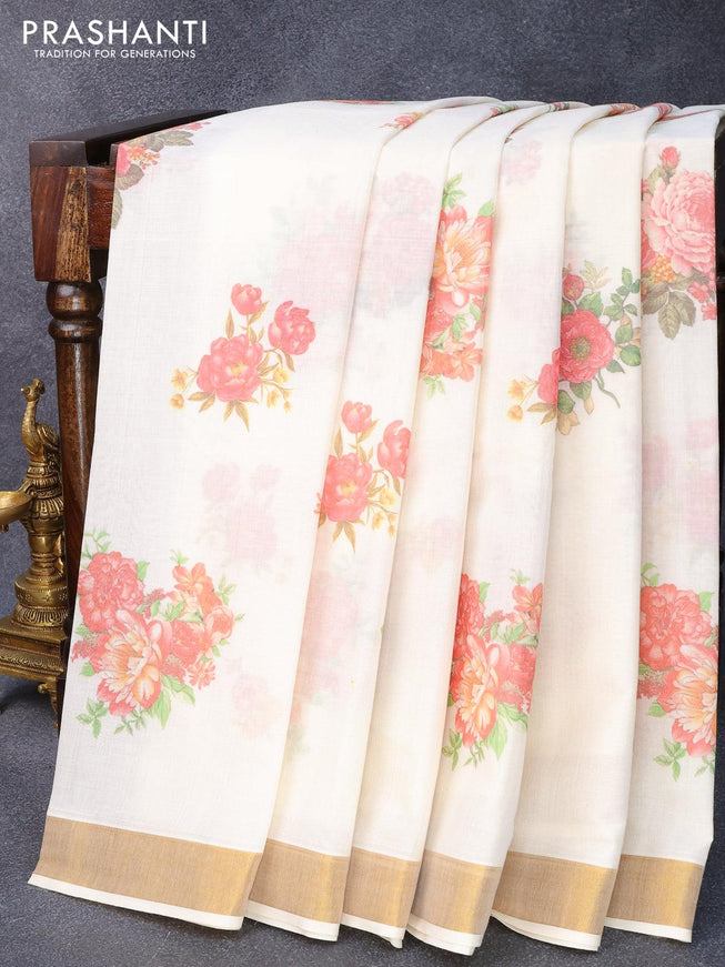 Cotton saree off white and with allover floral prints and zari woven border - {{ collection.title }} by Prashanti Sarees