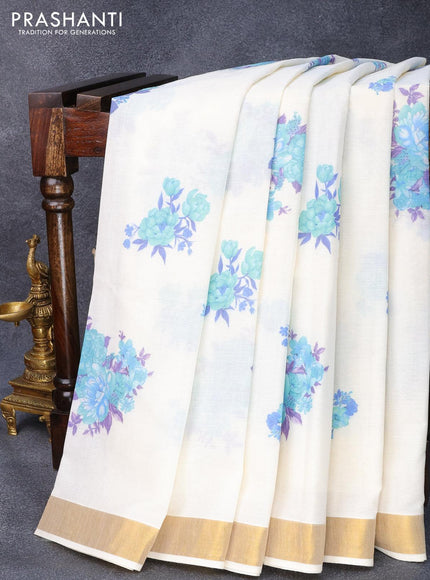 Cotton saree off white and with allover floral prints and zari woven border - {{ collection.title }} by Prashanti Sarees