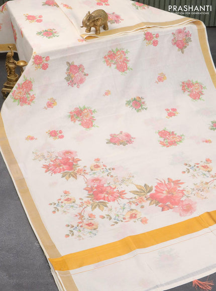 Cotton saree off white and with allover floral prints and zari woven border - {{ collection.title }} by Prashanti Sarees