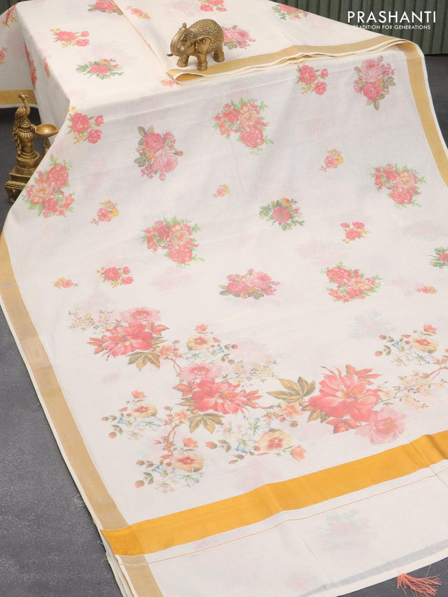 Cotton saree off white and with allover floral prints and zari woven border - {{ collection.title }} by Prashanti Sarees