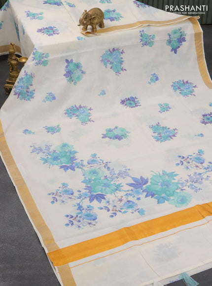 Cotton saree off white and with allover floral prints and zari woven border - {{ collection.title }} by Prashanti Sarees