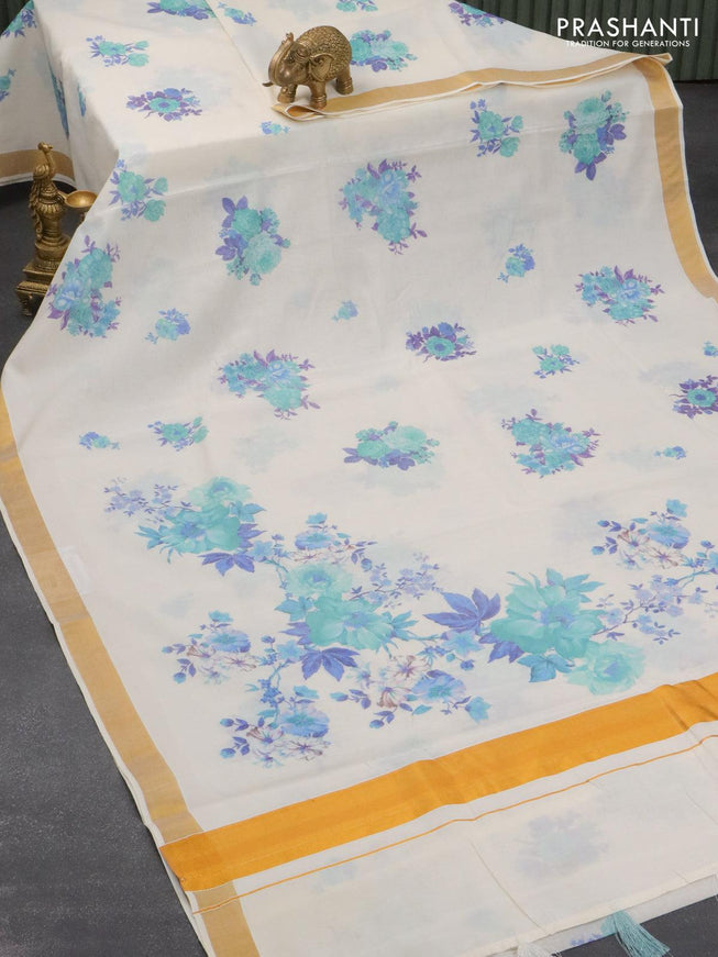 Cotton saree off white and with allover floral prints and zari woven border - {{ collection.title }} by Prashanti Sarees