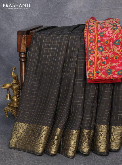 Dola silk saree black and maroon with zari checked pattern and zari woven border with embroidery work blouse - {{ collection.title }} by Prashanti Sarees