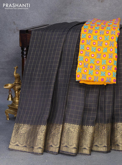 Dola silk saree black and yellow with zari checked pattern and zari woven border with embroidery work blouse - {{ collection.title }} by Prashanti Sarees