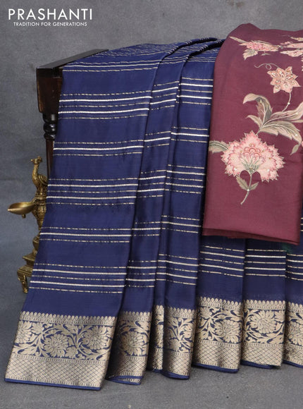 Dola silk saree blue and deep wine shade with allover zari woven stripes pattern and rich zari woven border - {{ collection.title }} by Prashanti Sarees