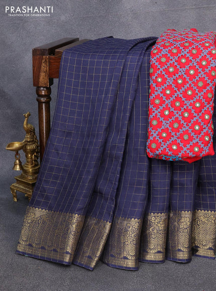 Dola silk saree dark blue and red with zari checked pattern and zari woven border with embroidery work blouse - {{ collection.title }} by Prashanti Sarees