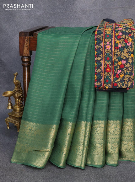 Dola silk saree green and black with allover zari woven stripes pattern and zari woven border with embroidery work blouse - {{ collection.title }} by Prashanti Sarees