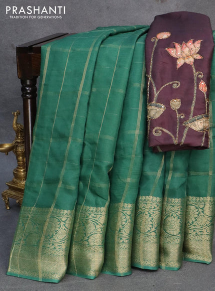 Dola silk saree green and deep jamun shade with allover zari checked pattern and rich zari woven border - {{ collection.title }} by Prashanti Sarees