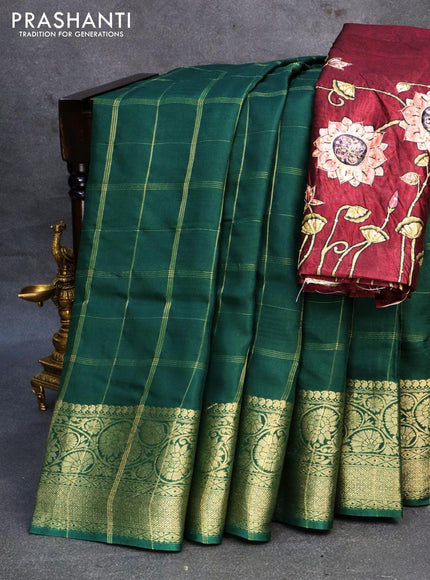 Dola silk saree green and deep maroon with allover zari checked pattern and rich zari woven border - {{ collection.title }} by Prashanti Sarees