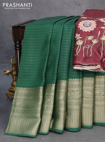 Dola silk saree green and deep maroon with allover zari woven stripes pattern and rich zari woven border - {{ collection.title }} by Prashanti Sarees